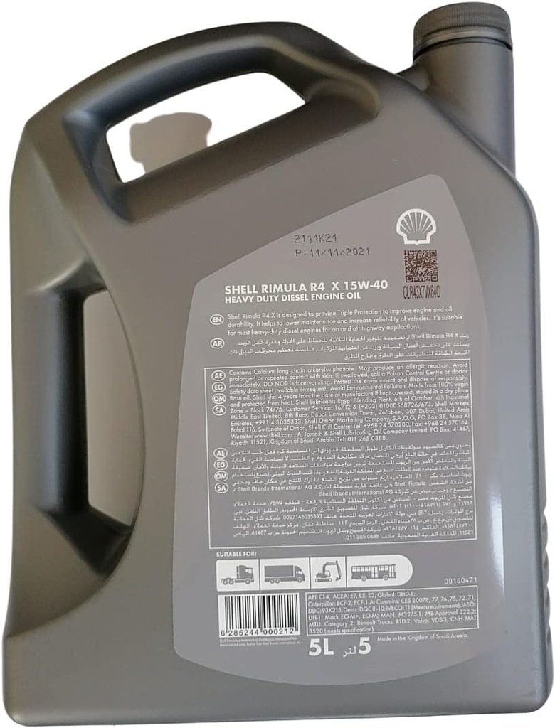 Shell Rimula R4 15W-40 API CI4 Plus Heavy Duty Diesel Engine Oil (5L)